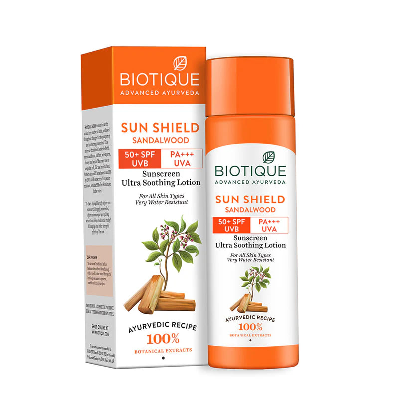 Солнцезащитный лосьон с сандалом  SPF 50, 120 мл, Биотик; Biotique Sun Shield Sandalwood 50+ SPF Sunscreen Ultra Soothing Lotion 120 ml — купить в интернет-магазине