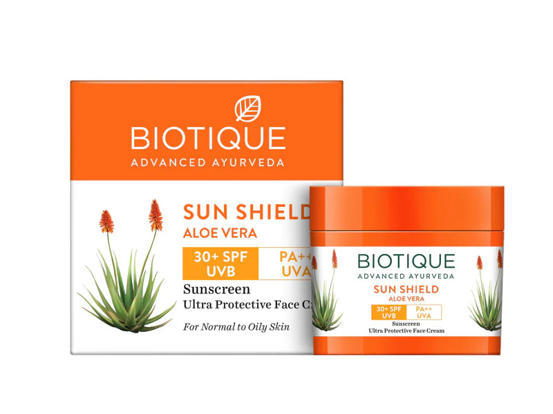 Солнцезащитный крем с алоэ вера SPF 30, 50 г, Биотик; Biotique Sun Shield Aloe Vera 30+ SPF Sunscreen Ultra Soothing Cream 50 g — купить в интернет-магазине