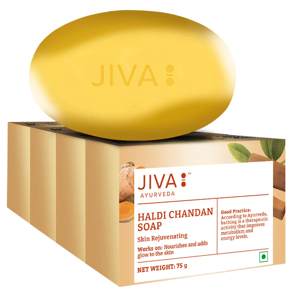 Мыло с куркумой, набор 4 штуки по 75 г, Джива Аюрведа; Haldi Chandan Soap 75gm (pack of 4), Jiva Ayurveda — купить в интернет-магазине