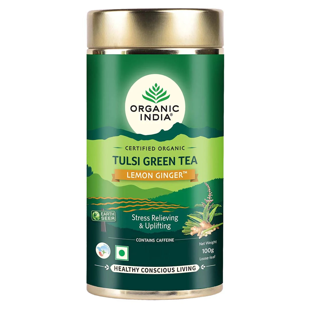 Зеленый чай тулси с лимоном и имбирем, 100 г, Органик Индия; Tulsi Green Tea with Lemon and Ginger, 100 g, Organic India — купить в интернет-магазине