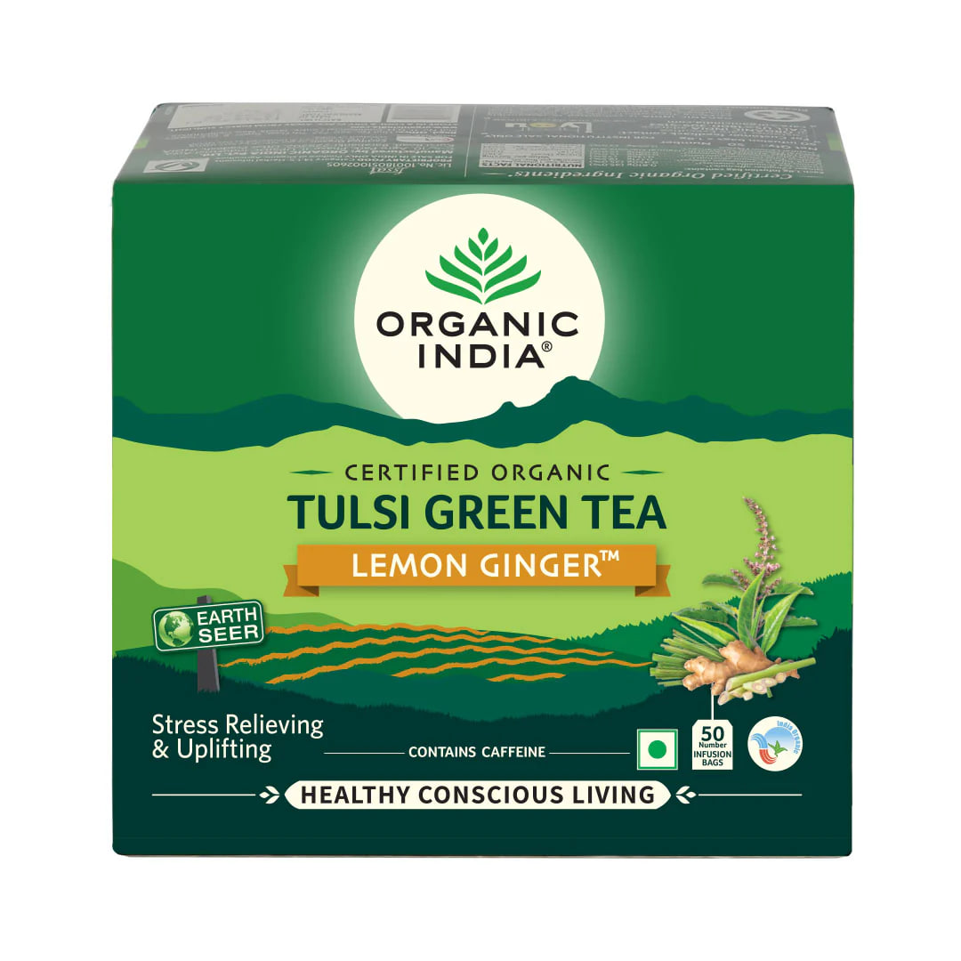 Зеленый чай тулси с лимоном и имбирем, 50 пакетиков, Органик Индия; Tulsi Green Tea with Lemon and Ginger, 50 Tea Bags, Organic India — купить в интернет-магазине