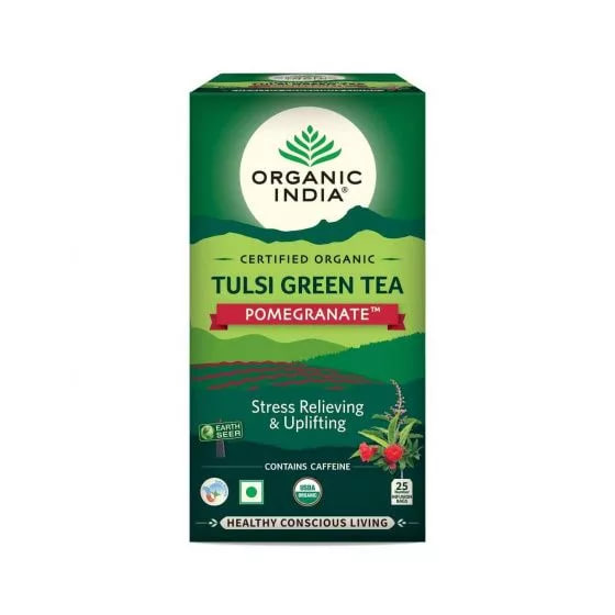 Зеленый чай тулси с гранатом, 25 пакетиков, Органик Индия; Green Tea Tulsi with Pomegranate, 25 bags, Organic India — купить в интернет-магазине