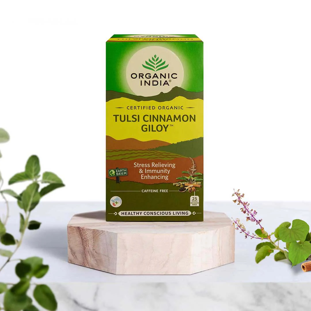 Тулси чай с корицей и гилой, 25 пакетиков, Органик Индия; Tulsi Tea with Cinnamon and Giloy, 25 bags, Organic India — купить в интернет-магазине